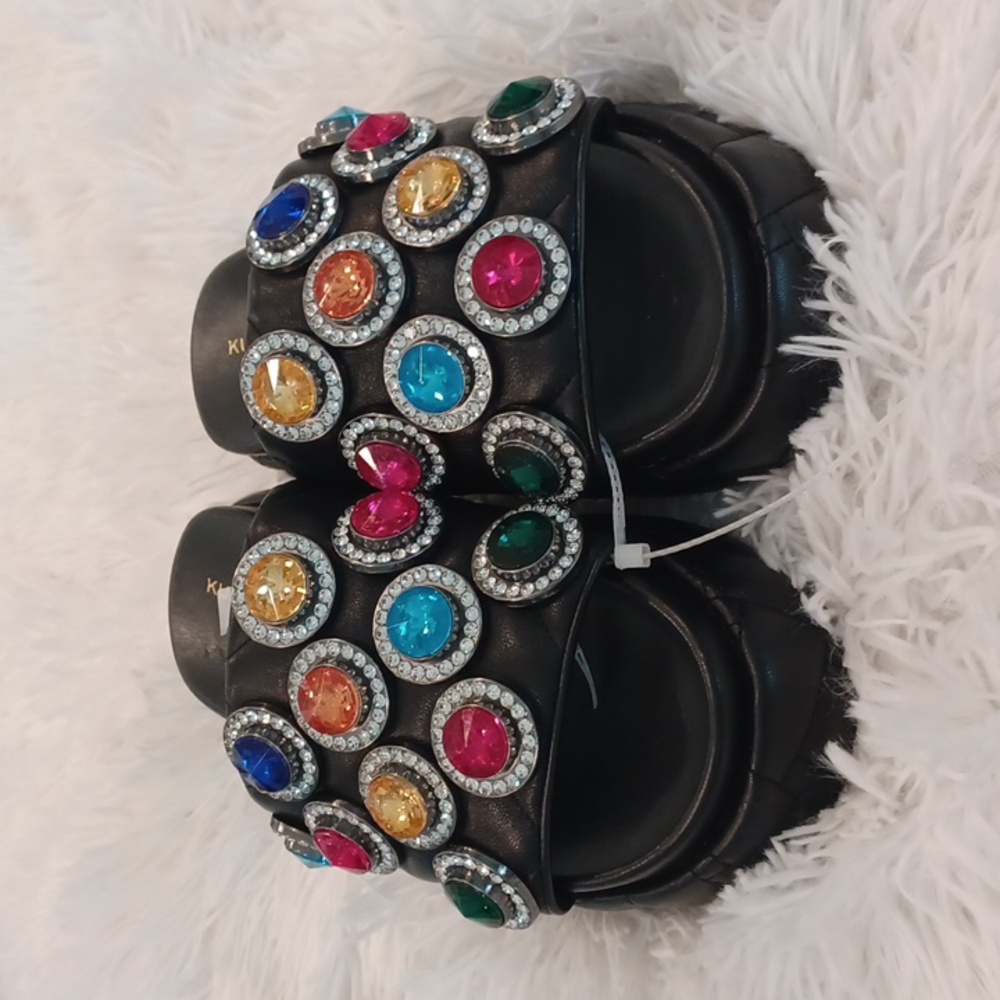 Kurt Geiger Rainbow Rhinestone Gem Crystal Leather Quilted Slip On Sandal New - Picture 11 of 15